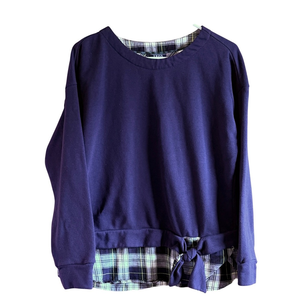 IZOD Womens Blue Plaid Trim Tie Waist Sweatshirt Pullover Top Size L G